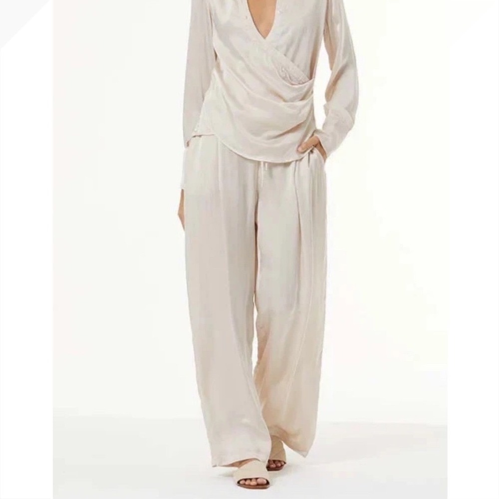 YFB Young Fabulous & Broke Reed Satin Wide Leg Pant Trousers Sea Salt Sz Small